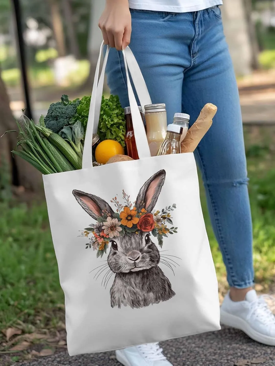 Canvas Tote Bag, Wreath Flower Bunny Vintage Floral patterned Canvas Tote Handbags for Women Shoulder Bag,