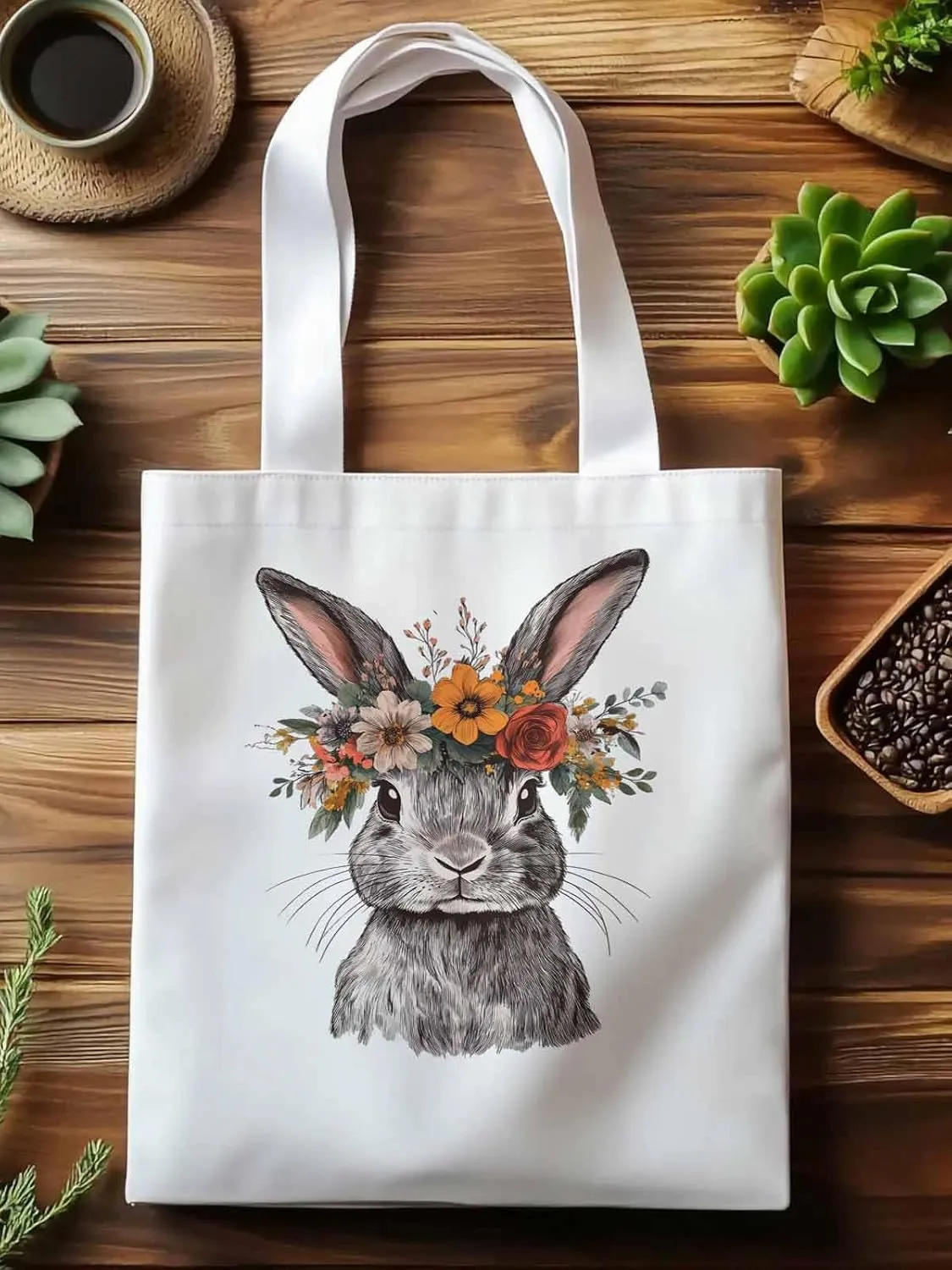 Canvas Tote Bag, Wreath Flower Bunny Vintage Floral patterned Canvas Tote Handbags for Women Shoulder Bag,