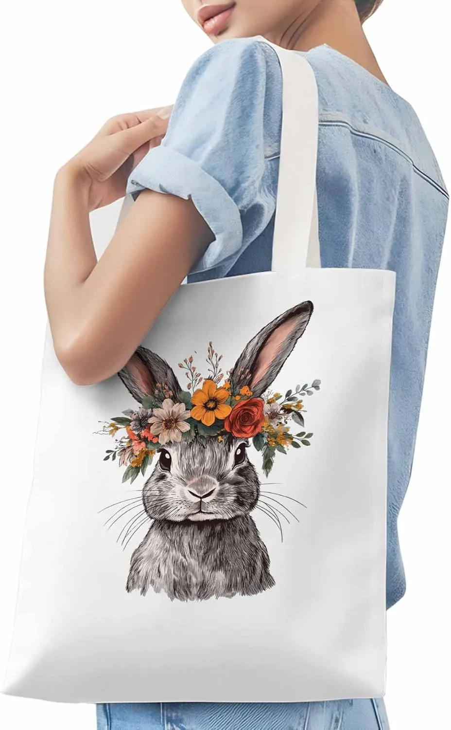 Canvas Tote Bag, Wreath Flower Bunny Vintage Floral patterned Canvas Tote Handbags for Women Shoulder Bag,