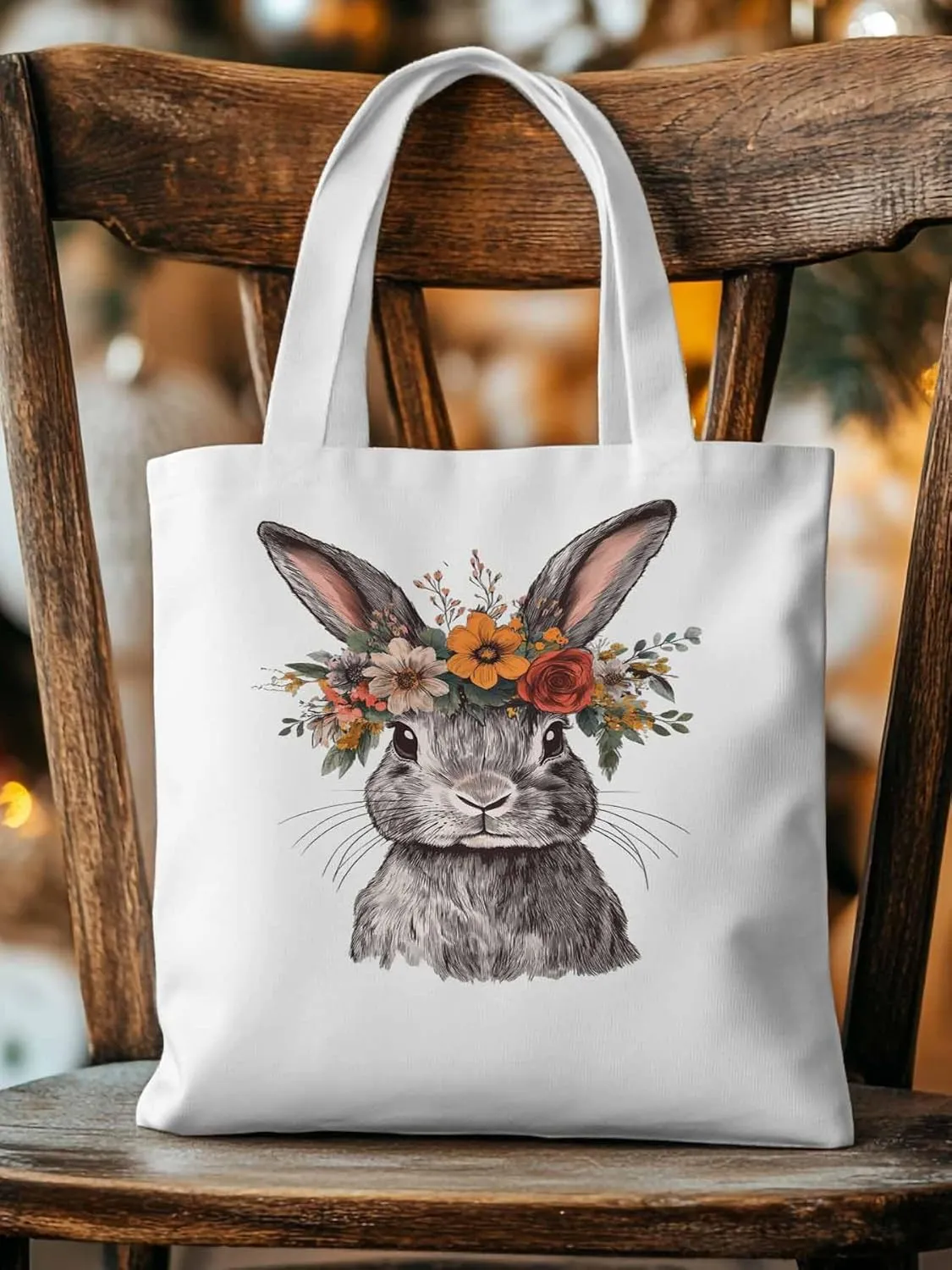 Canvas Tote Bag, Wreath Flower Bunny Vintage Floral patterned Canvas Tote Handbags for Women Shoulder Bag,
