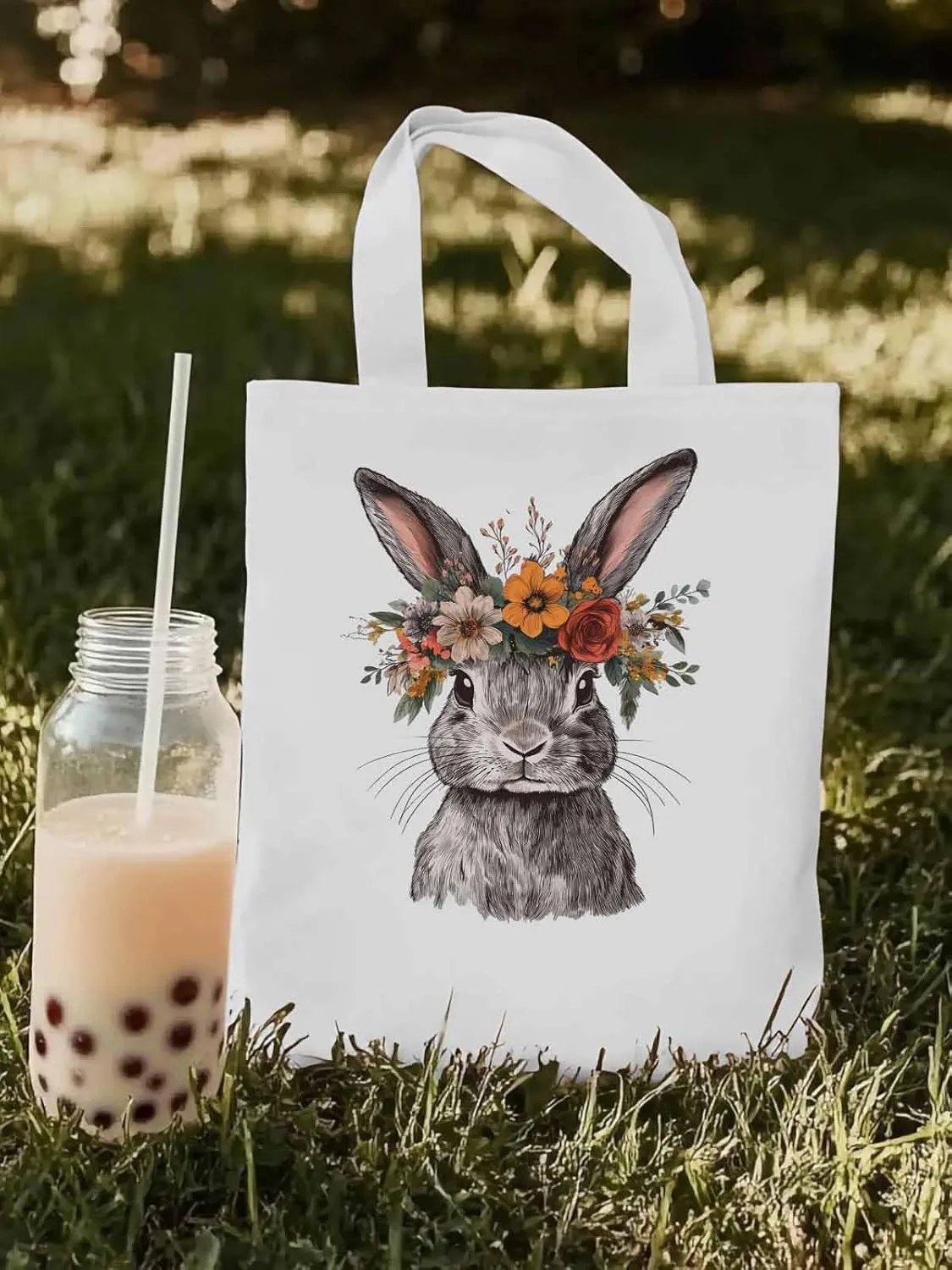Canvas Tote Bag, Wreath Flower Bunny Vintage Floral patterned Canvas Tote Handbags for Women Shoulder Bag,