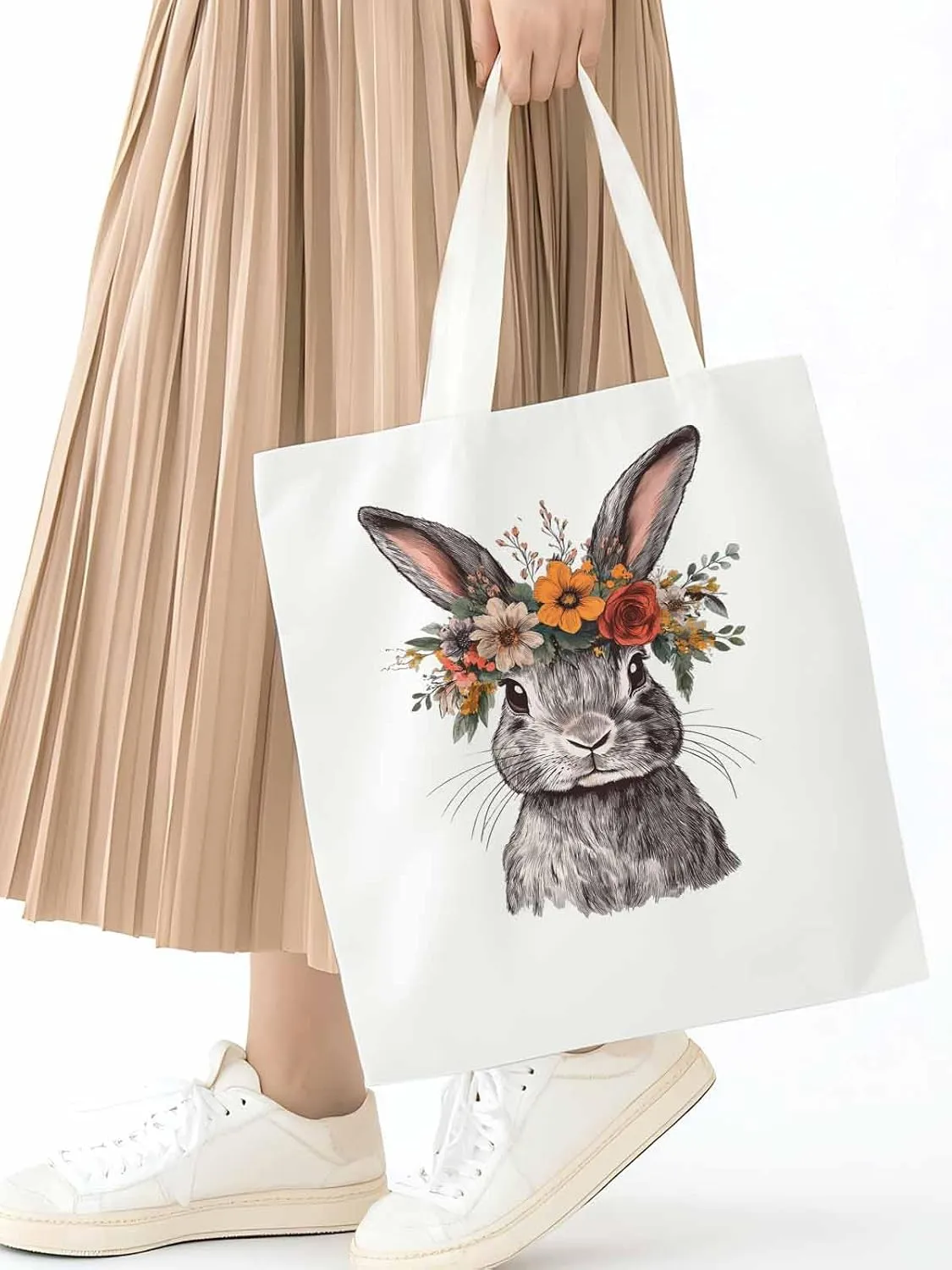 Canvas Tote Bag, Wreath Flower Bunny Vintage Floral patterned Canvas Tote Handbags for Women Shoulder Bag,