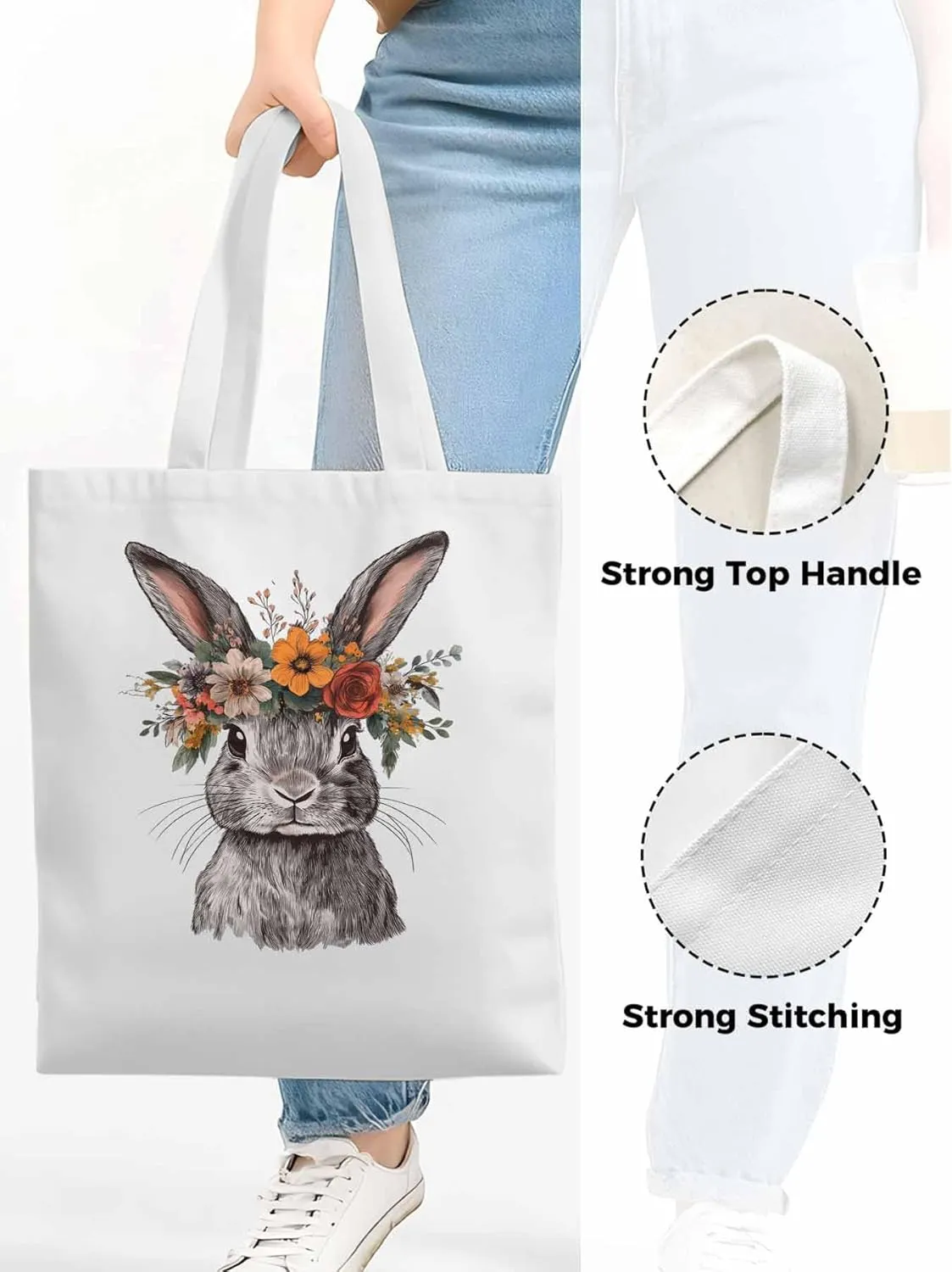 Canvas Tote Bag, Wreath Flower Bunny Vintage Floral patterned Canvas Tote Handbags for Women Shoulder Bag,
