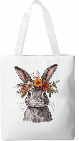 Canvas Tote Bag, Wreath Flower Bunny Vintage Floral patterned Canvas Tote Handbags for Women Shoulder Bag,