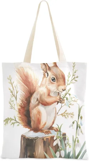 Canvas Tote Bags Squirrel on A Tree Stump Multi-Purpose Reusable Canvas Bags Use for Grocery Bags,Shopping Bags,Gift Bags