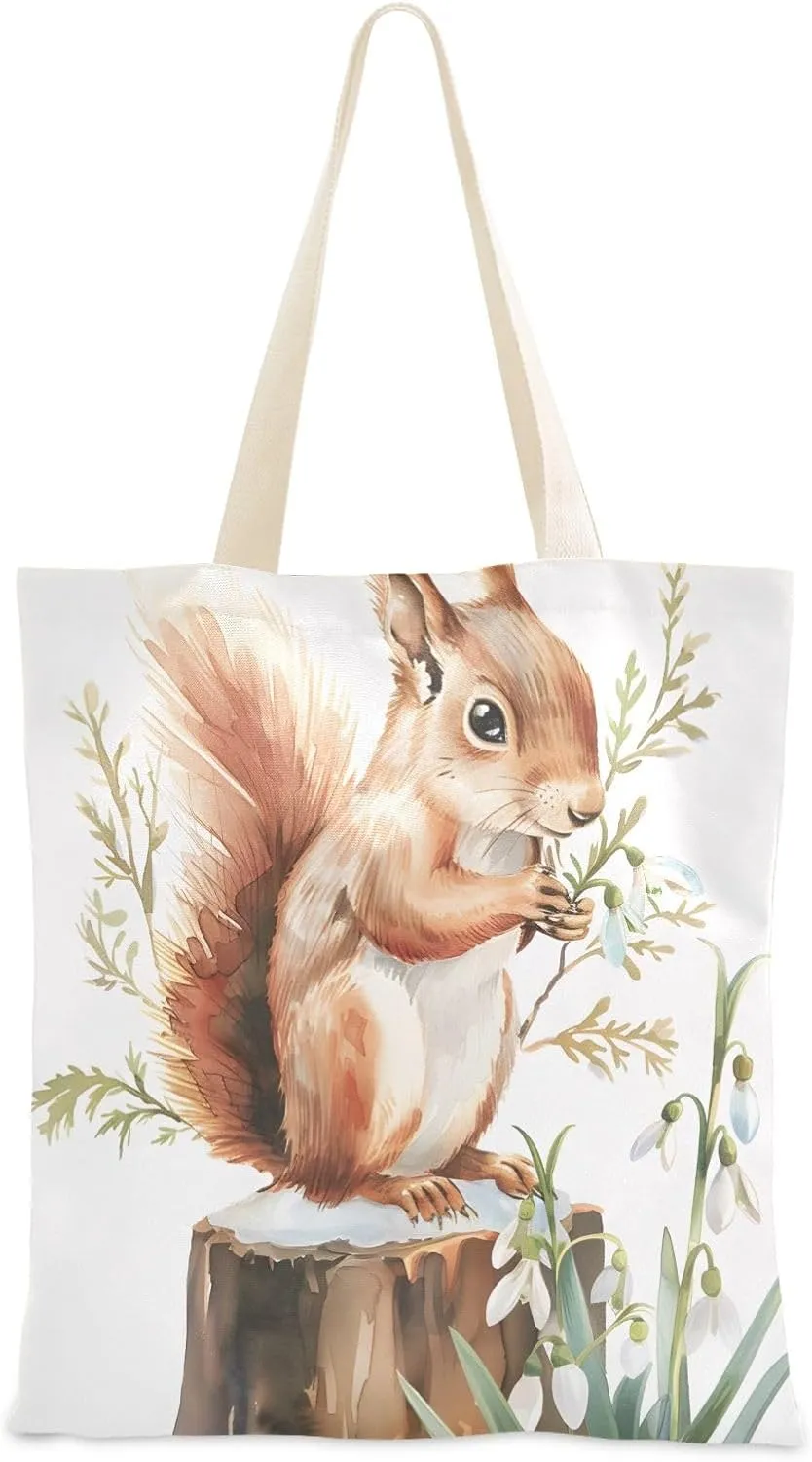 Canvas Tote Bags Squirrel on A Tree Stump Multi-Purpose Reusable Canvas Bags Use for Grocery Bags,Shopping Bags,Gift Bags