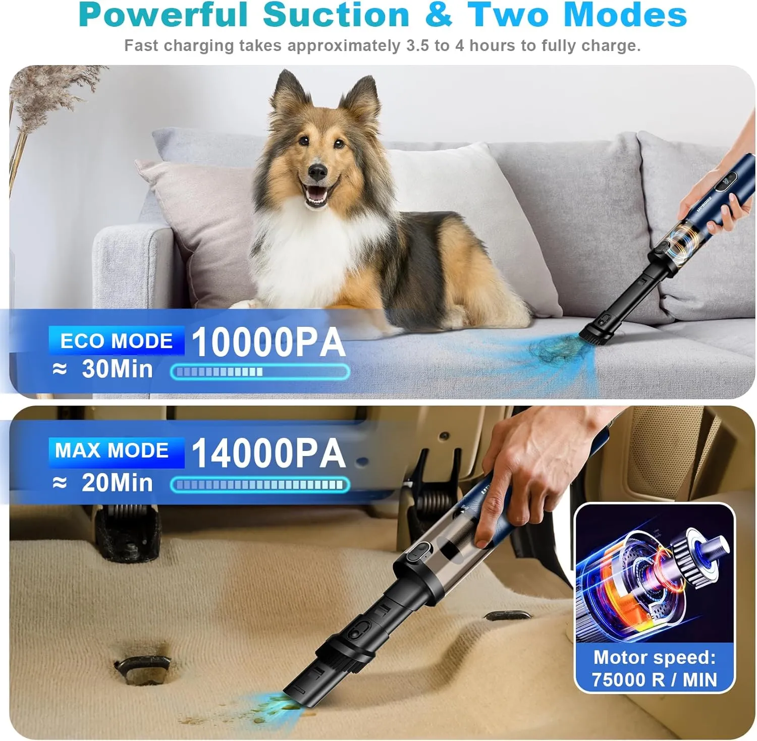 Car Vacuum, Portable Handheld Vacuum Cordless, 14000PA Powerful Suction Vacuum Cleaner with LED Light and Air Duster 2 in 1,Low Noise Rechargeable 2-Speed Mini Hand Held Vacuum for Car Home Pet Office