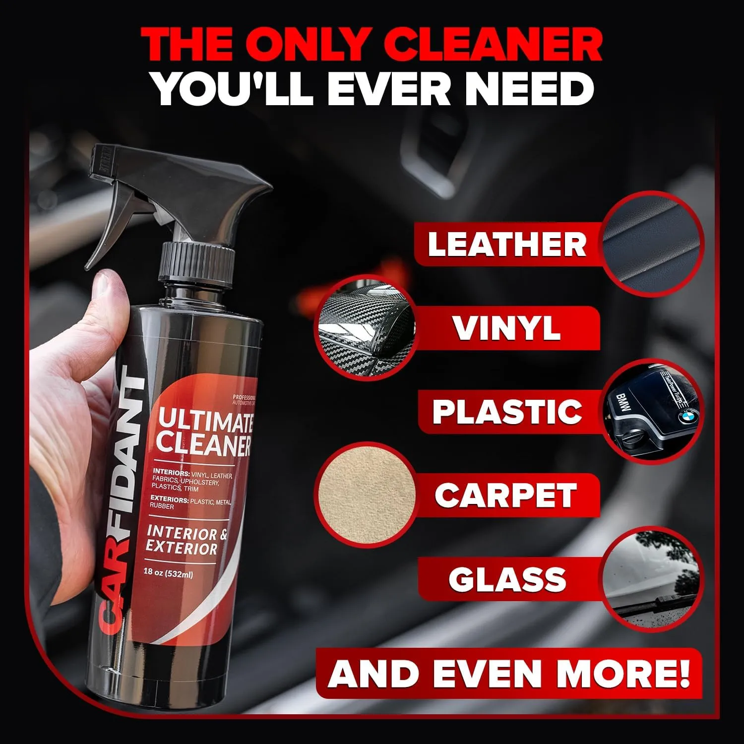 Carfidant Interior Cleaner – Removes Stains & Deep Cleans Car Seats, Leather, Fabric, Upholstery, Plastic, Dashboard & More – Car Cleaning Kit & Interior Detailer Spray – 32oz