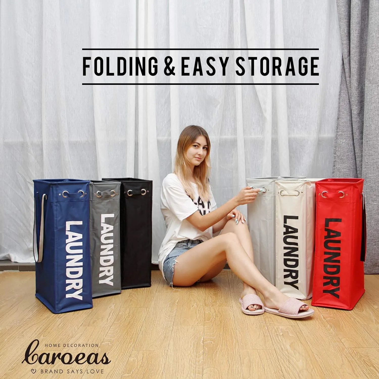 Caroeas 24“ Slim Laundry Basket Tall & Slim Hamper Waterproof Laundry Bag Collapsible Travel Laundry Bag with Breathable Mesh Cover & Soft Handle Laundry Hamper