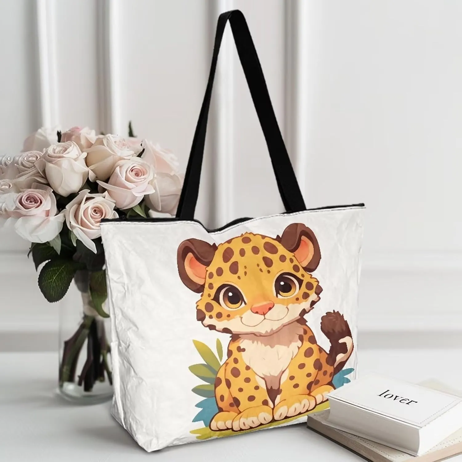 Cartoon Cat Leopard 14" Women Tote Paper Bag, Gothic Rose Shoulder Bag, Watercolor Sunflower Pineapple Commute Bag