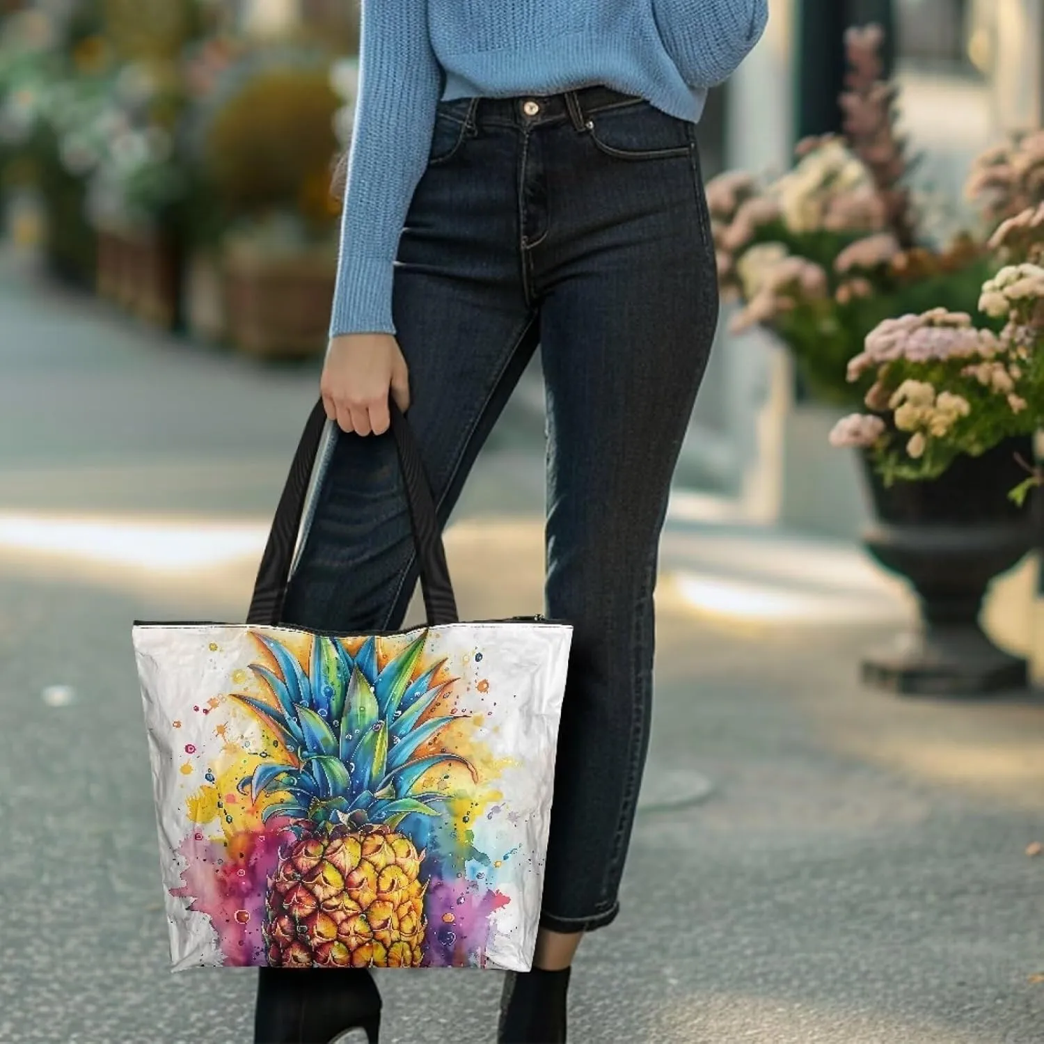 Cartoon Cat Leopard 14" Women Tote Paper Bag, Gothic Rose Shoulder Bag, Watercolor Sunflower Pineapple Commute Bag