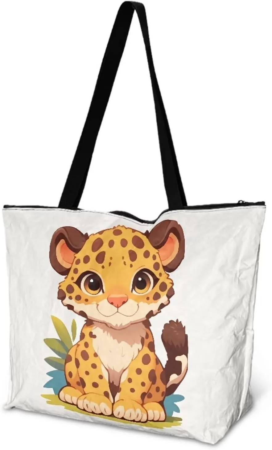 Cartoon Cat Leopard 14" Women Tote Paper Bag, Gothic Rose Shoulder Bag, Watercolor Sunflower Pineapple Commute Bag