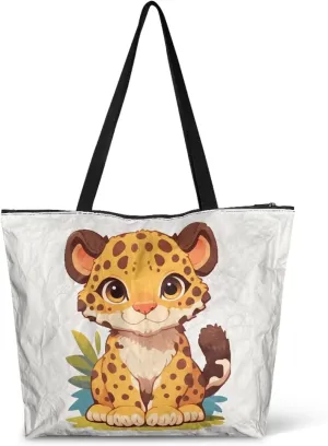 Cartoon Cat Leopard 14" Women Tote Paper Bag, Gothic Rose Shoulder Bag, Watercolor Sunflower Pineapple Commute Bag