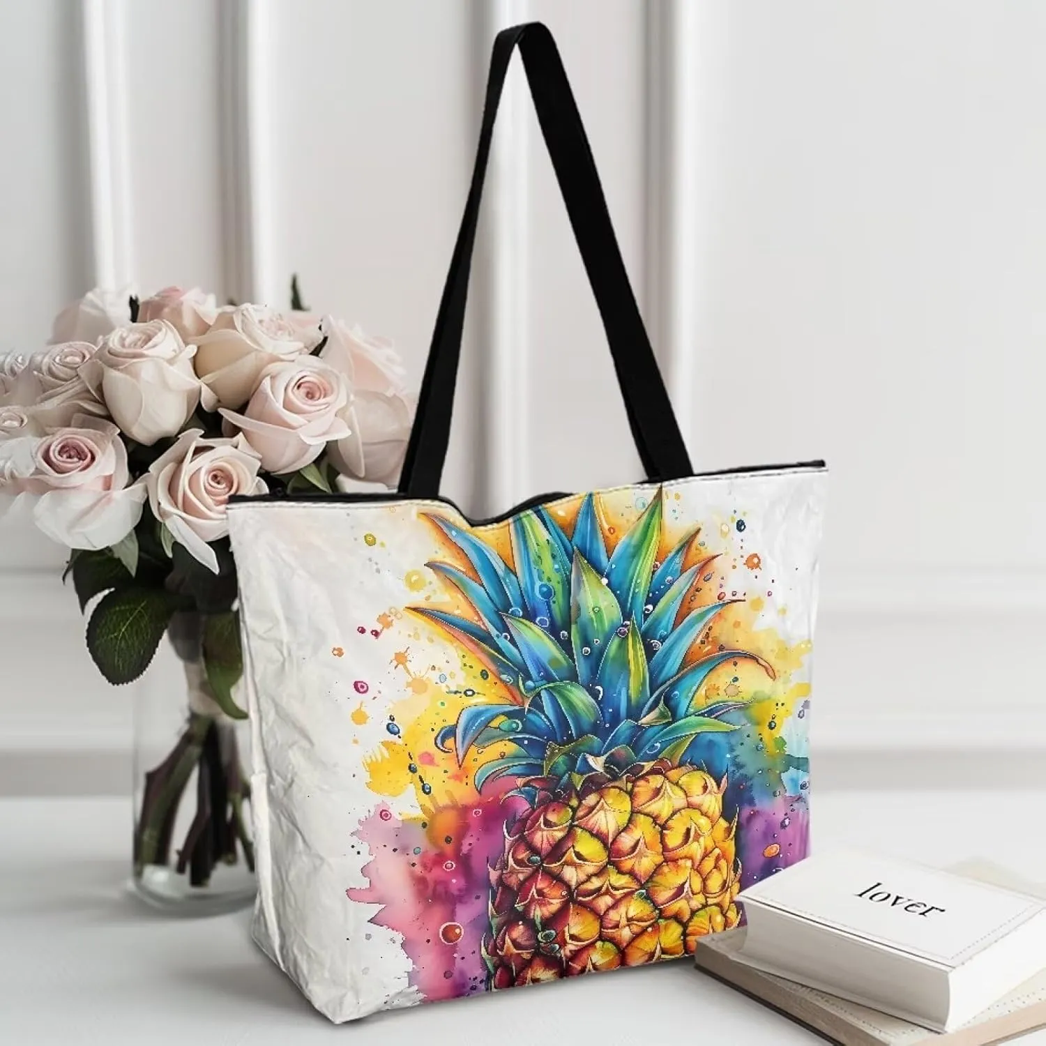 Cartoon Cat Leopard 14" Women Tote Paper Bag, Gothic Rose Shoulder Bag, Watercolor Sunflower Pineapple Commute Bag