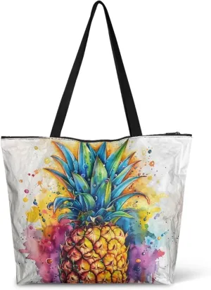 Cartoon Cat Leopard 14" Women Tote Paper Bag, Gothic Rose Shoulder Bag, Watercolor Sunflower Pineapple Commute Bag