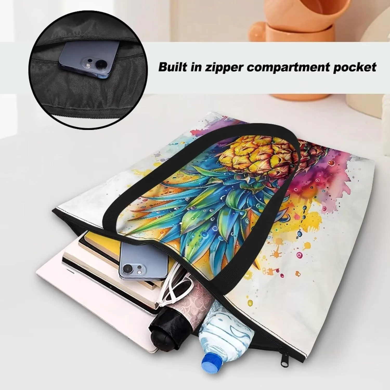 Cartoon Cat Leopard 14" Women Tote Paper Bag, Gothic Rose Shoulder Bag, Watercolor Sunflower Pineapple Commute Bag