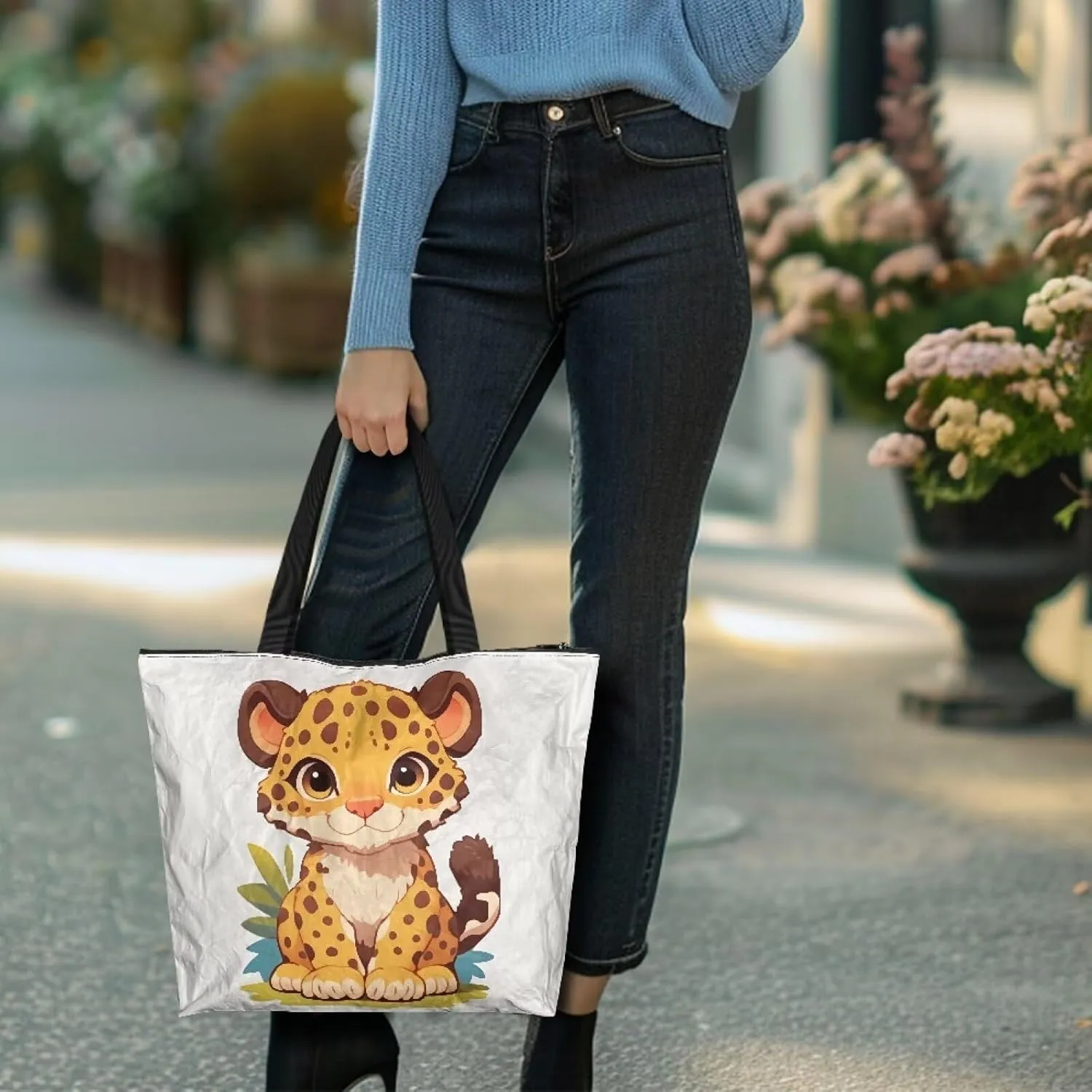 Cartoon Cat Leopard 14" Women Tote Paper Bag, Gothic Rose Shoulder Bag, Watercolor Sunflower Pineapple Commute Bag