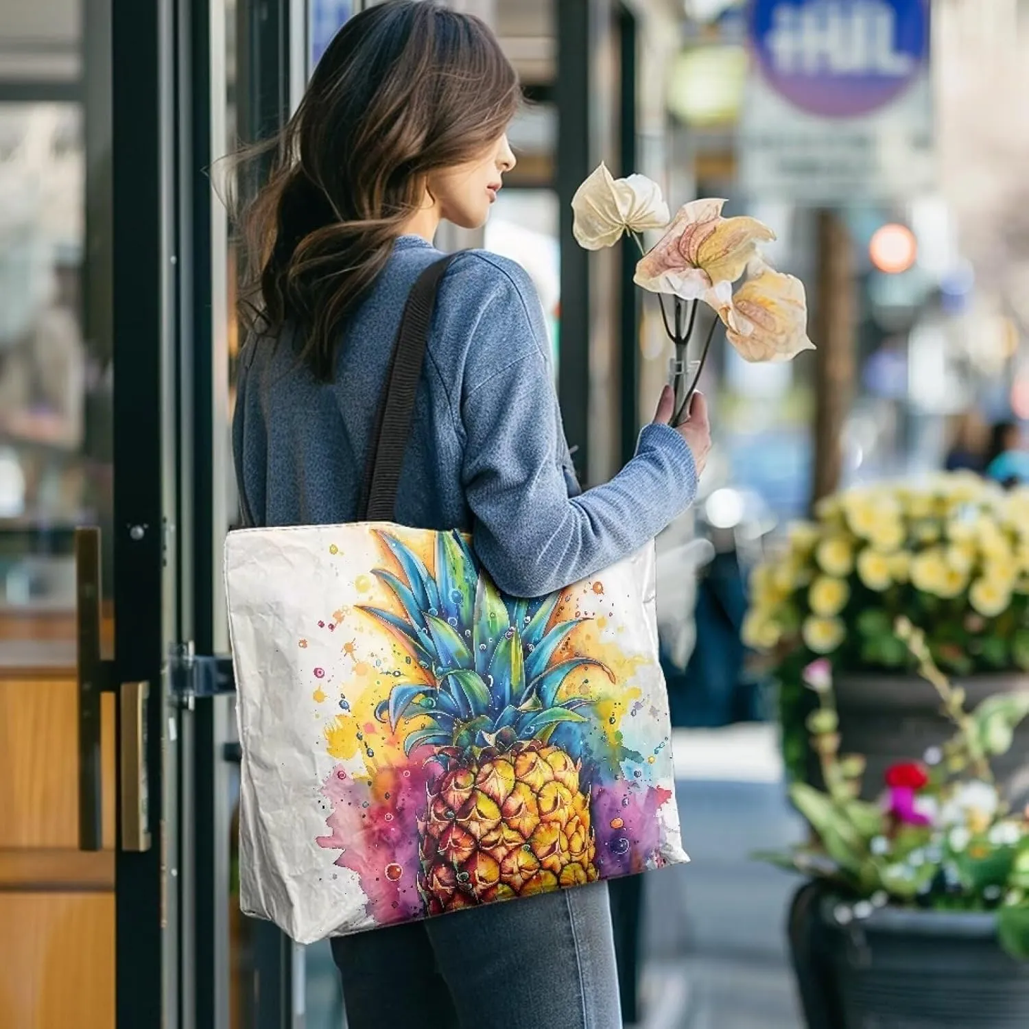 Cartoon Cat Leopard 14" Women Tote Paper Bag, Gothic Rose Shoulder Bag, Watercolor Sunflower Pineapple Commute Bag