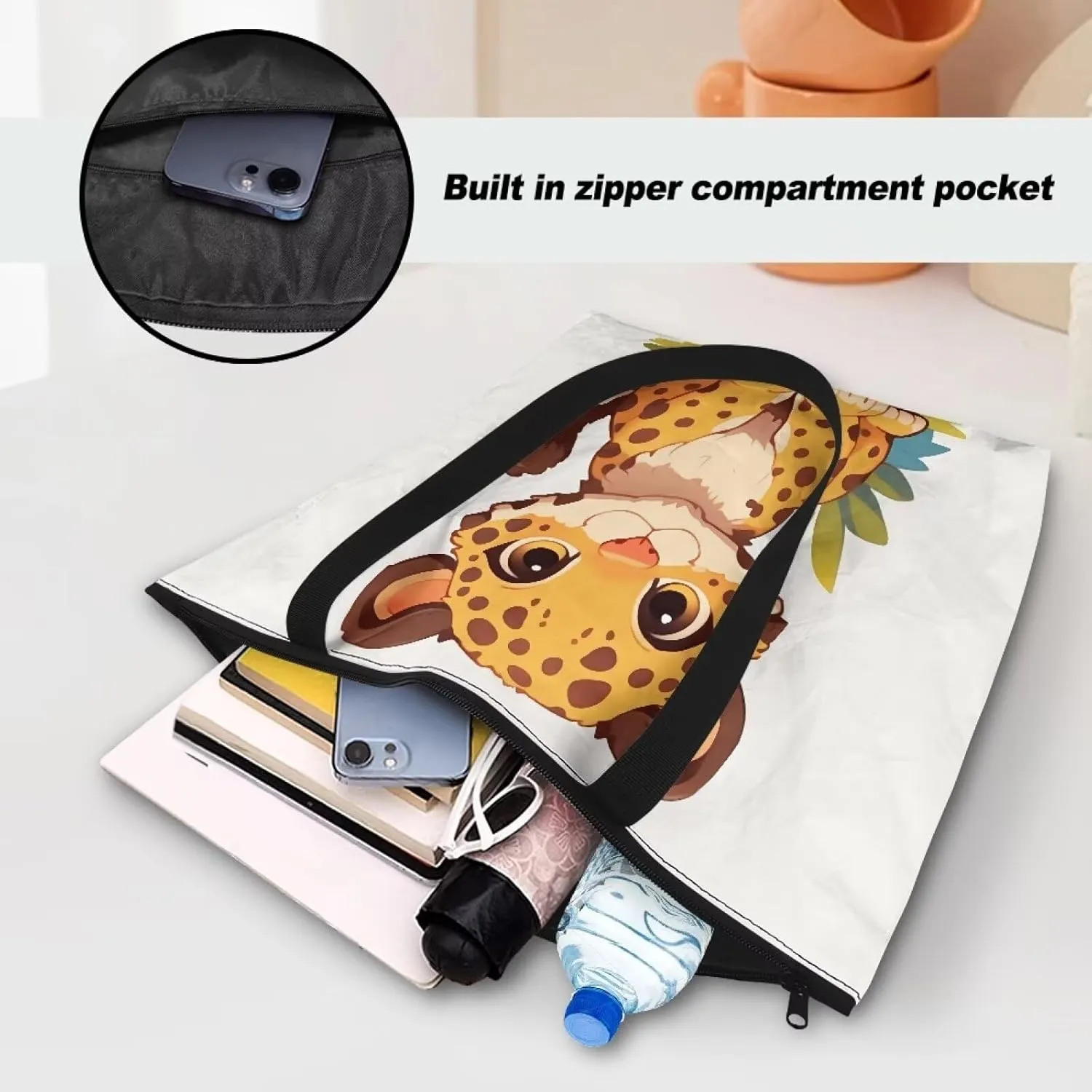 Cartoon Cat Leopard 14" Women Tote Paper Bag, Gothic Rose Shoulder Bag, Watercolor Sunflower Pineapple Commute Bag