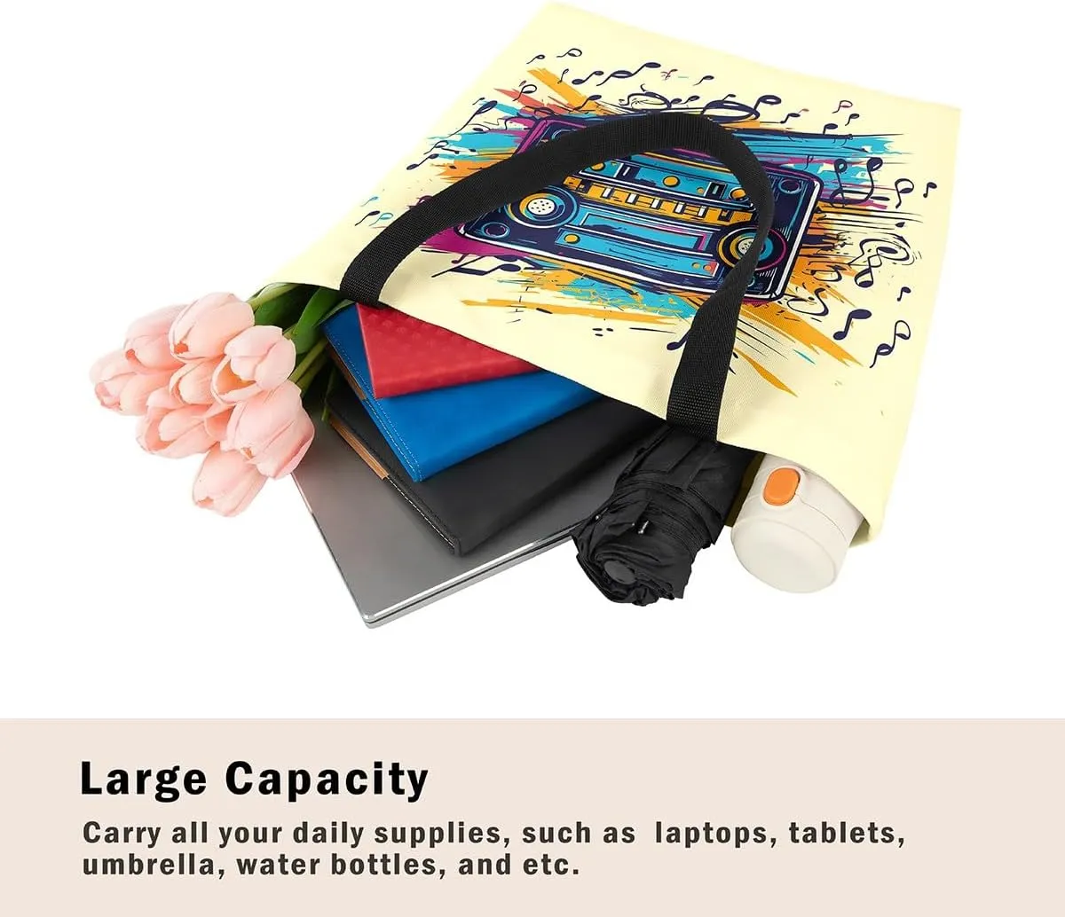 Cartoon Style Handbag Audio Cassette Video Canvas Tote Cute Rabbits Canvas Tote Bag