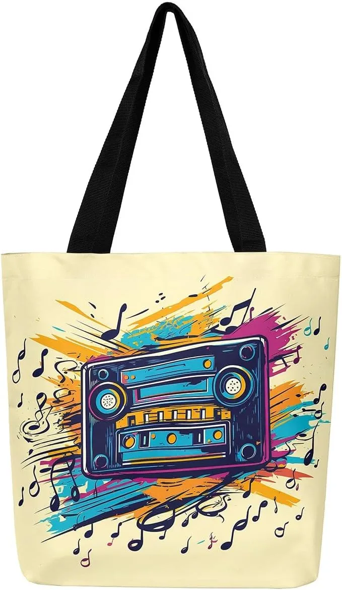Cartoon Style Handbag Audio Cassette Video Canvas Tote Cute Rabbits Canvas Tote Bag