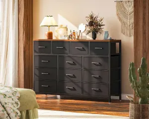 Casaottima Dresser for Bedroom with Charging Station, 55" Long Dresser with 13 Storage Drawers, Large Fabric Dressers Chests of Drawers with Shelves, Black and Vintage