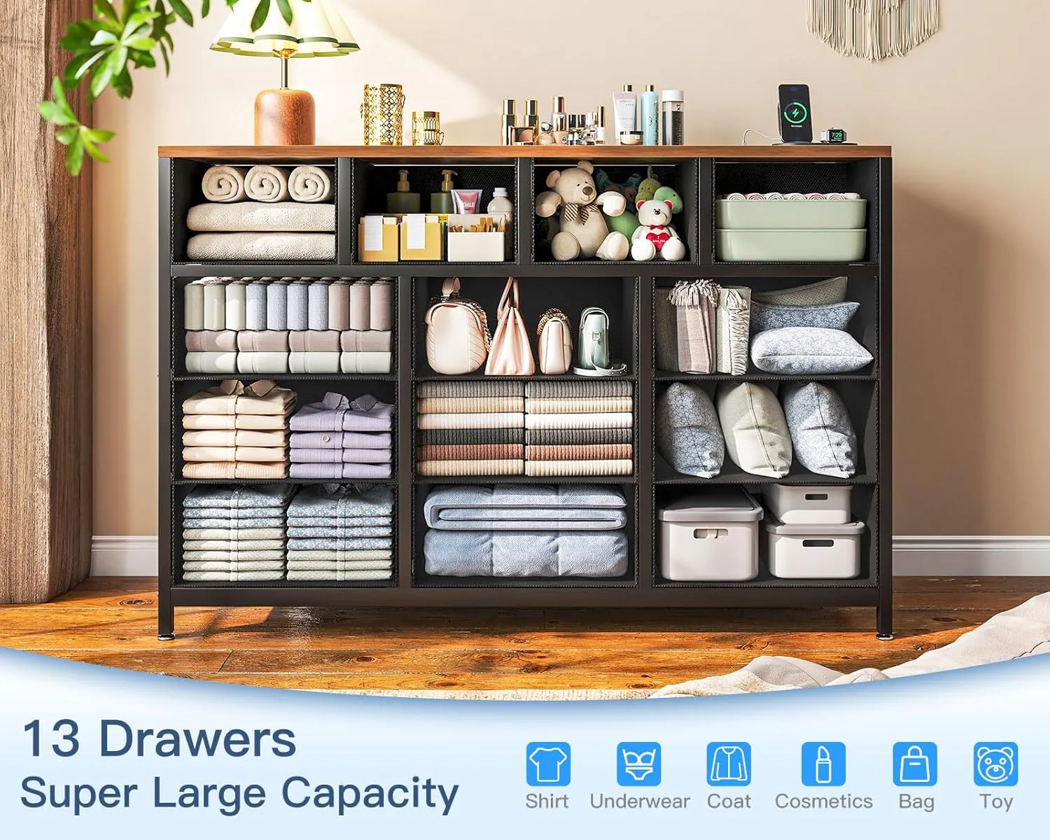 Casaottima Dresser for Bedroom with Charging Station, 55" Long Dresser with 13 Storage Drawers, Large Fabric Dressers Chests of Drawers with Shelves, Black and Vintage