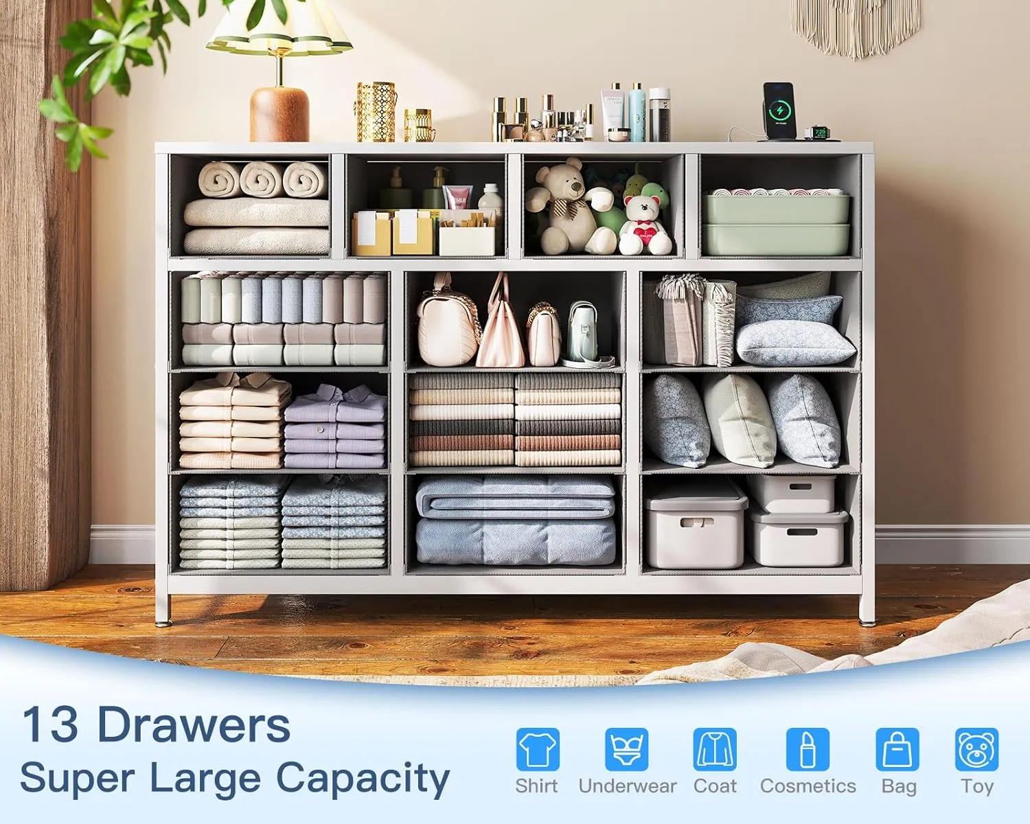 Casaottima Dresser for Bedroom with Charging Station, 55" Long Dresser with 13 Storage Drawers, Large Fabric Dressers Chests of Drawers with Shelves, Light Grey