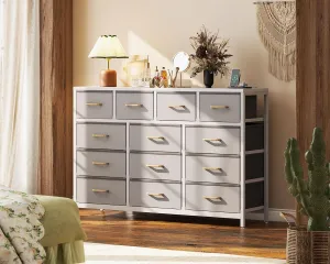 Casaottima Dresser for Bedroom with Charging Station, 55" Long Dresser with 13 Storage Drawers, Large Fabric Dressers Chests of Drawers with Shelves, Light Grey
