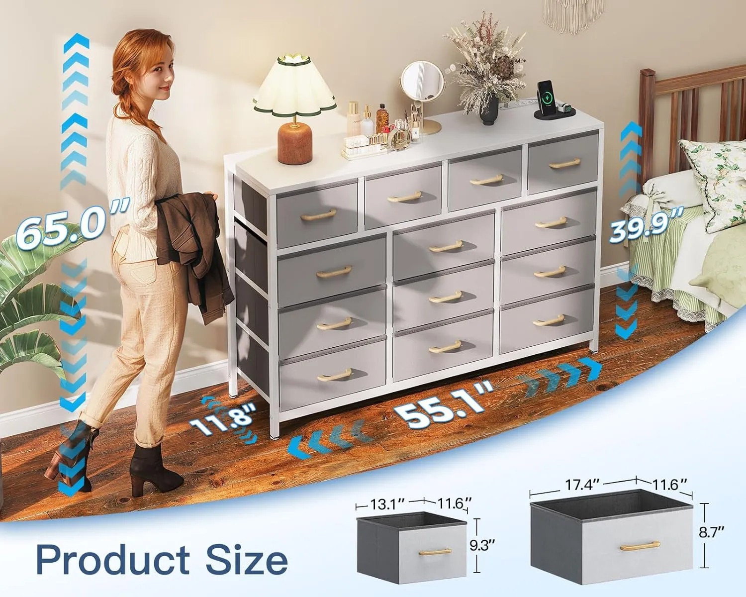 Casaottima Dresser for Bedroom with Charging Station, 55" Long Dresser with 13 Storage Drawers, Large Fabric Dressers Chests of Drawers with Shelves, Light Grey