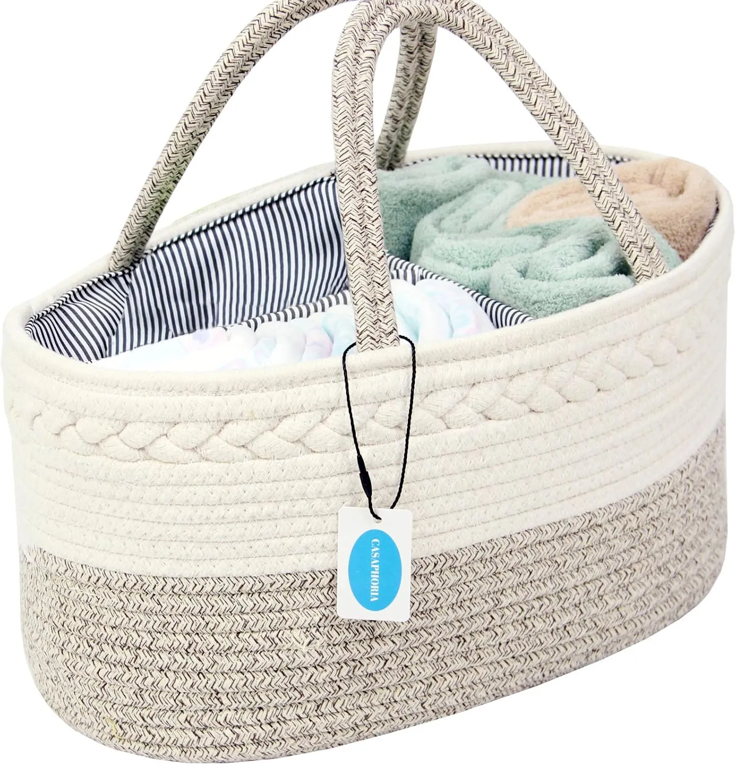 Casaphoria Caddy Organization Woven Cotton Rope Basket storage Caddy or Gift, Soft Circular Basket with Handle, Cotton Material,Light Brown(15.5"x10"x7.5")