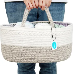 Casaphoria Caddy Organization Woven Cotton Rope Basket storage Caddy or Gift, Soft Circular Basket with Handle, Cotton Material,Light Brown(15.5"x10"x7.5")