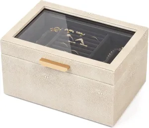 CASE ELEGANCE Petite 3 Tier Jewelry Box, Storage & Display Case for Bracelets Earrings Rings Necklaces, Accessory Organizer for Women Girls Wife, Shagreen Vegan Leather & Velvet Lined, Brass Hardware
