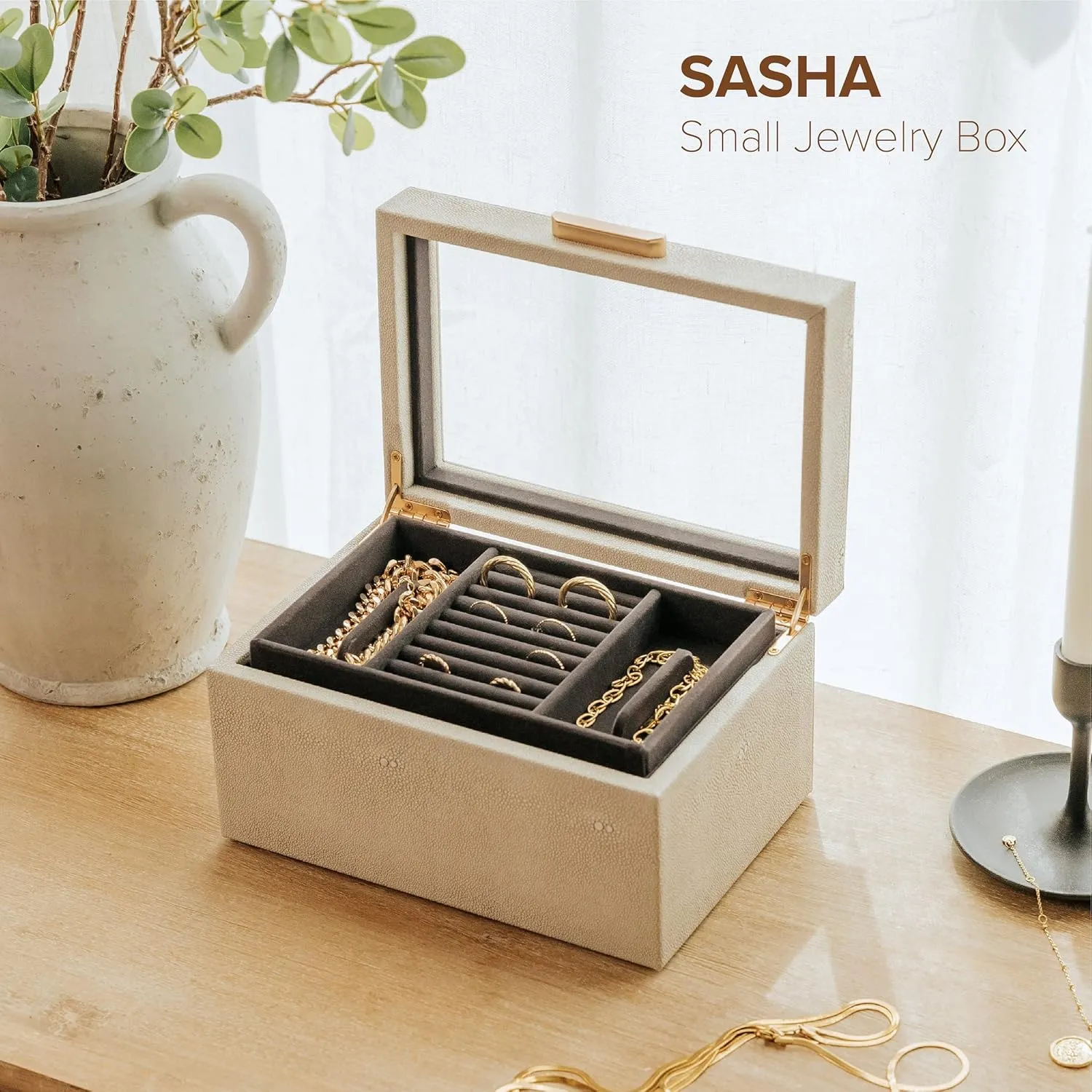 CASE ELEGANCE Petite 3 Tier Jewelry Box, Storage & Display Case for Bracelets Earrings Rings Necklaces, Accessory Organizer for Women Girls Wife, Shagreen Vegan Leather & Velvet Lined, Brass Hardware
