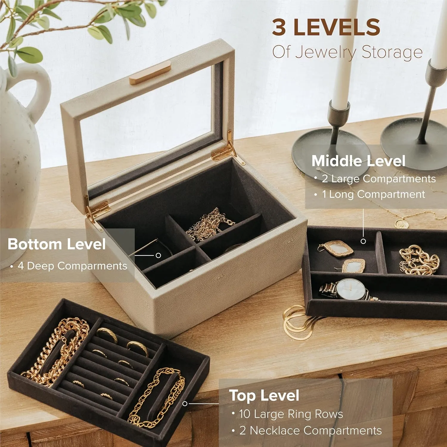 CASE ELEGANCE Petite 3 Tier Jewelry Box, Storage & Display Case for Bracelets Earrings Rings Necklaces, Accessory Organizer for Women Girls Wife, Shagreen Vegan Leather & Velvet Lined, Brass Hardware