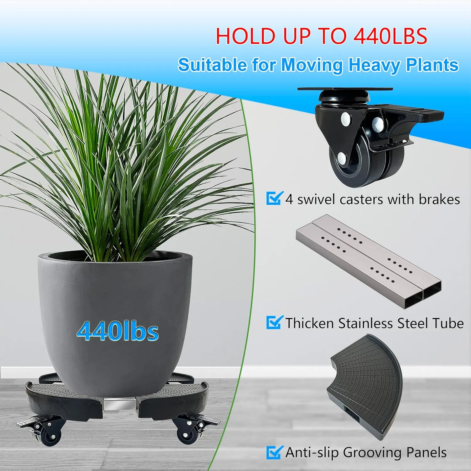 CASIMR Plant Caddy with Wheels, Heavy Duty 440lbs Capacity Rolling Plant Stand, 15-20 Inch Adjustable Indoor Outdoor Plant Dolly, Round Plant Roller Base Flower Pot Rack Holder Trolley Casters Tray