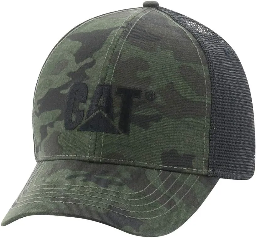 Caterpillar Men's Raised Logo Hats with Embroidered Front and Contrast Mesh Back with Plastic Snapback Closure