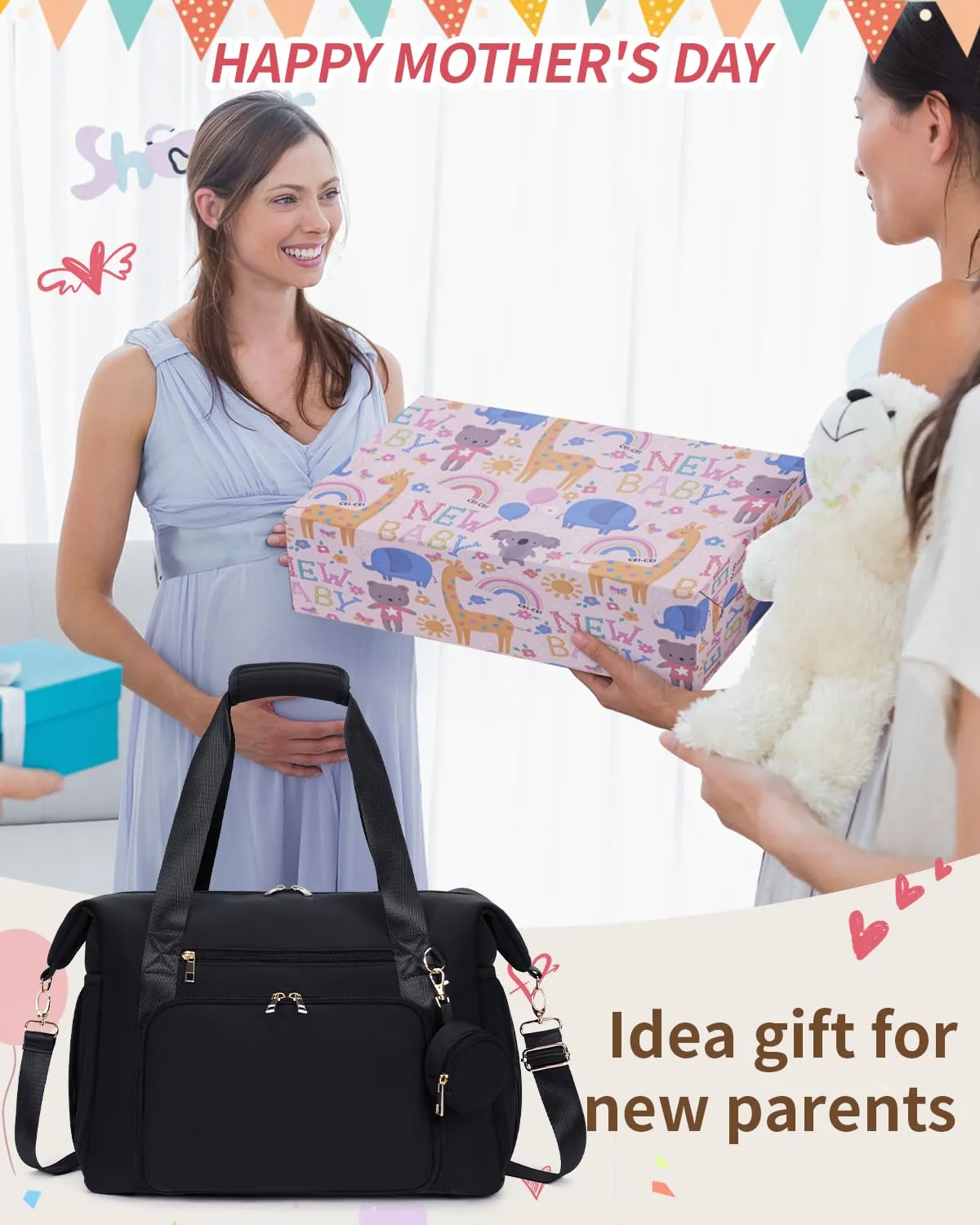 CEI-CEI Diaper Bag Tote Neoprene Mothers Day Gifts Waterproof Large Travel Baby Bags for Mom and Dad with Pacifier Case and Changing Pad Maternity Hospital Totes with Stroller Strap (Black)