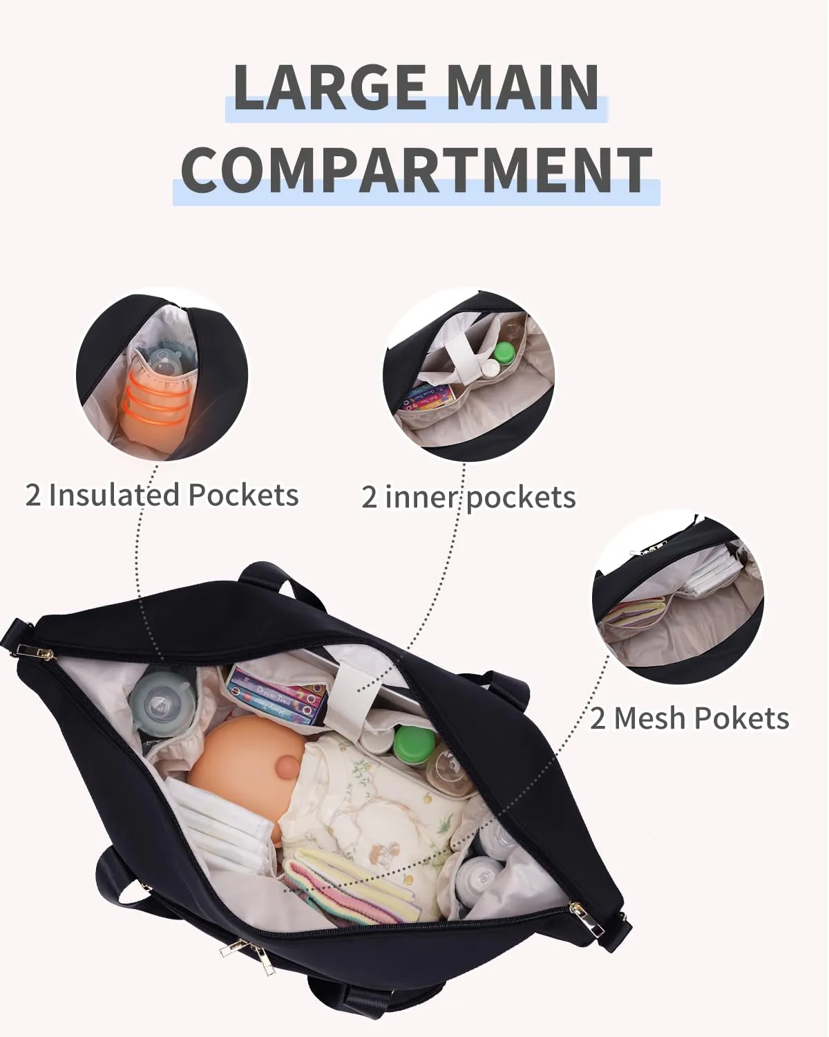 CEI-CEI Diaper Bag Tote Neoprene Mothers Day Gifts Waterproof Large Travel Baby Bags for Mom and Dad with Pacifier Case and Changing Pad Maternity Hospital Totes with Stroller Strap (Black)