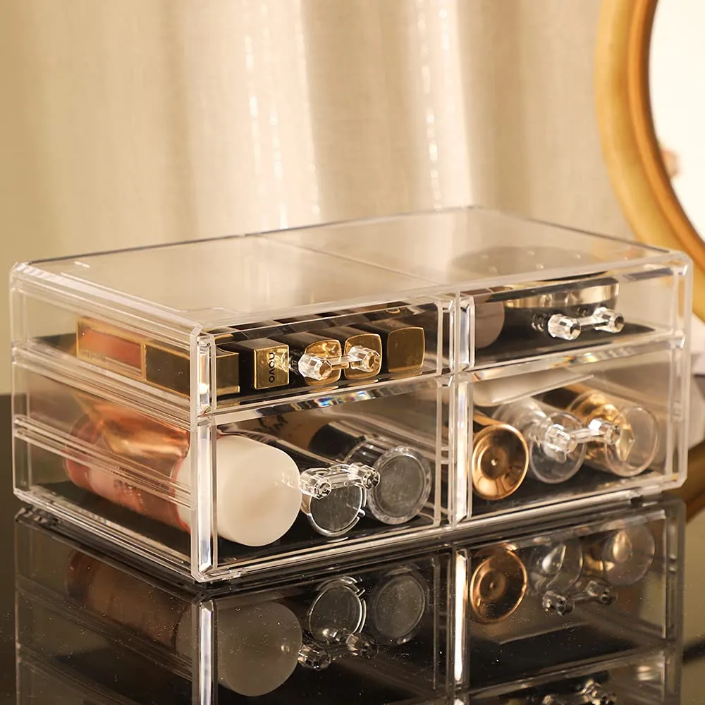 Celar Makeup Organizer With With Lid,Dustproof Waterproof Design Make up Organizer for Bathroom Countertop,4 Drawers Acrylic Skincare and Cosmetic Storage for Vanity Countertop,Dresser Top Organizer