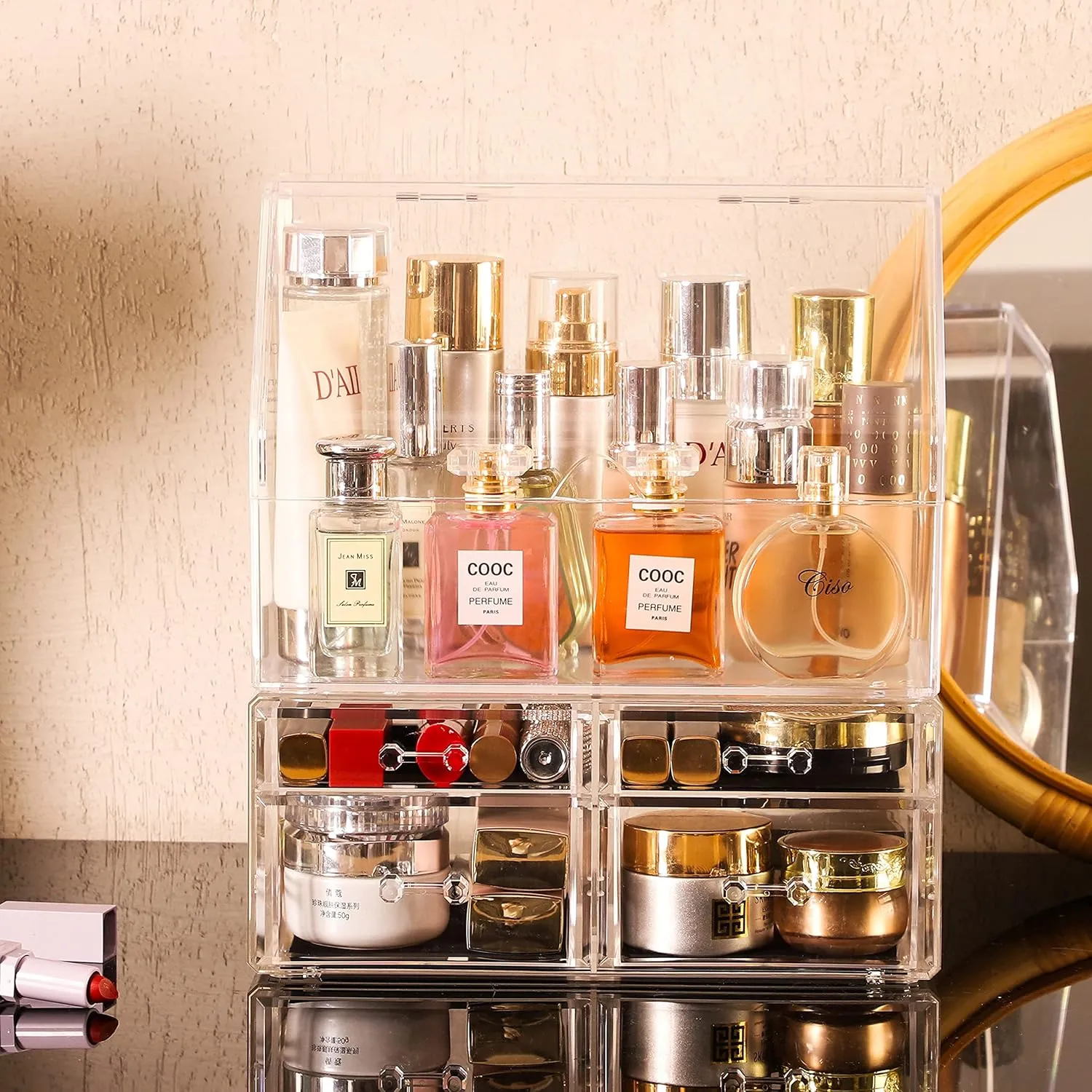 Celar Makeup Organizer With With Lid,Dustproof Waterproof Design Make up Organizer for Bathroom Countertop,4 Drawers Acrylic Skincare and Cosmetic Storage for Vanity Countertop,Dresser Top Organizer