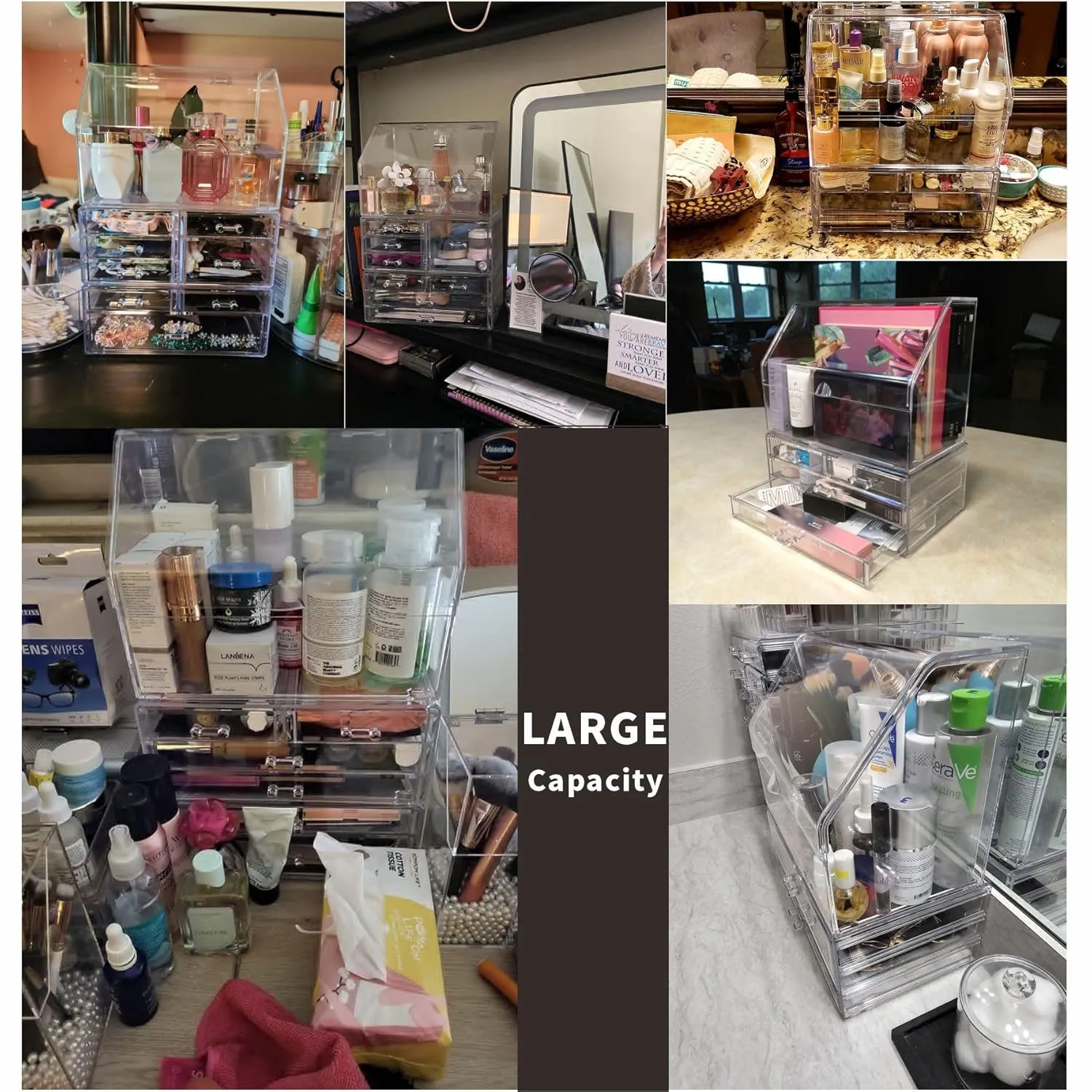Celar Makeup Organizer With With Lid,Dustproof Waterproof Design Make up Organizer for Bathroom Countertop,4 Drawers Acrylic Skincare and Cosmetic Storage for Vanity Countertop,Dresser Top Organizer