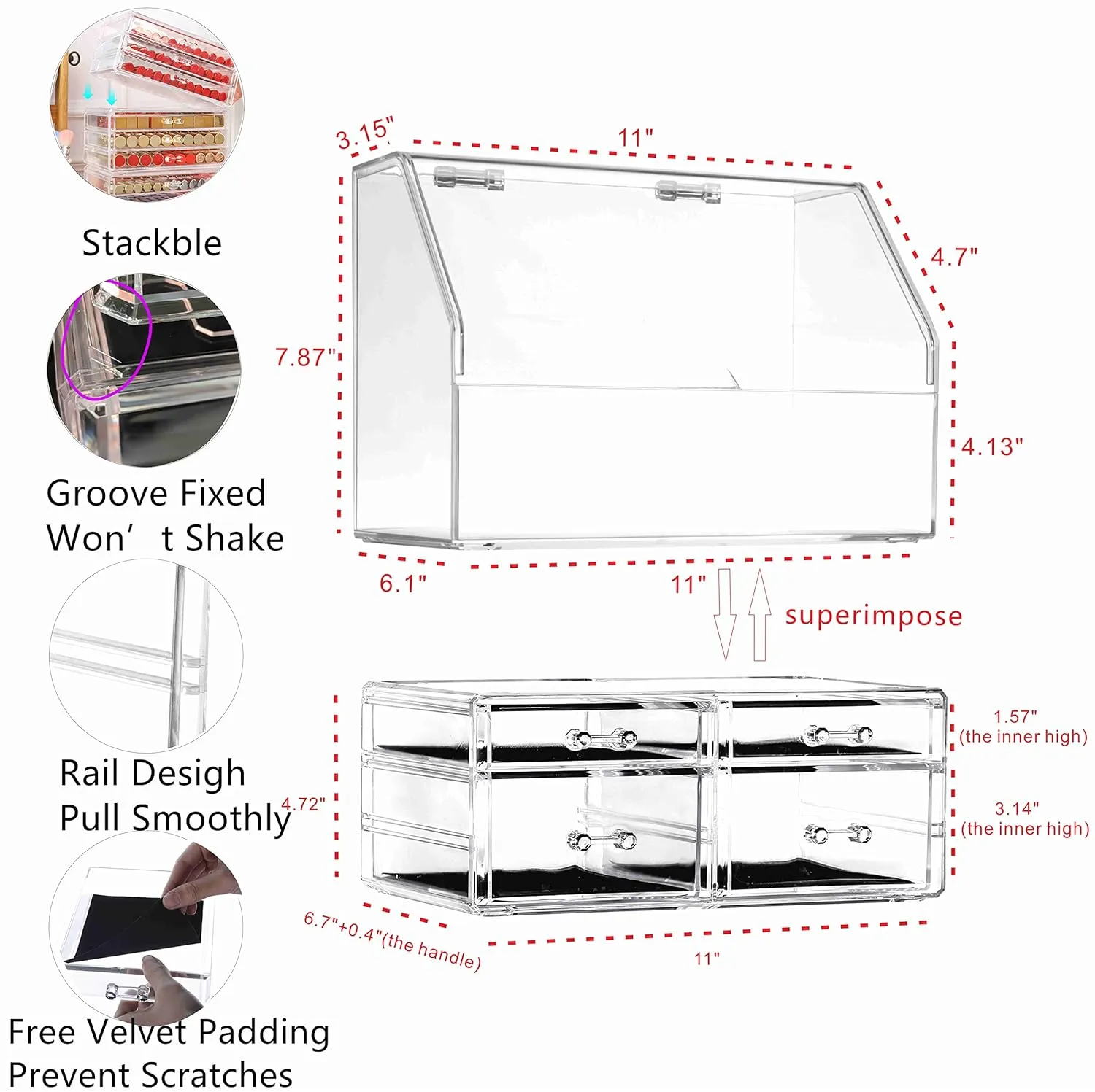 Celar Makeup Organizer With With Lid,Dustproof Waterproof Design Make up Organizer for Bathroom Countertop,4 Drawers Acrylic Skincare and Cosmetic Storage for Vanity Countertop,Dresser Top Organizer