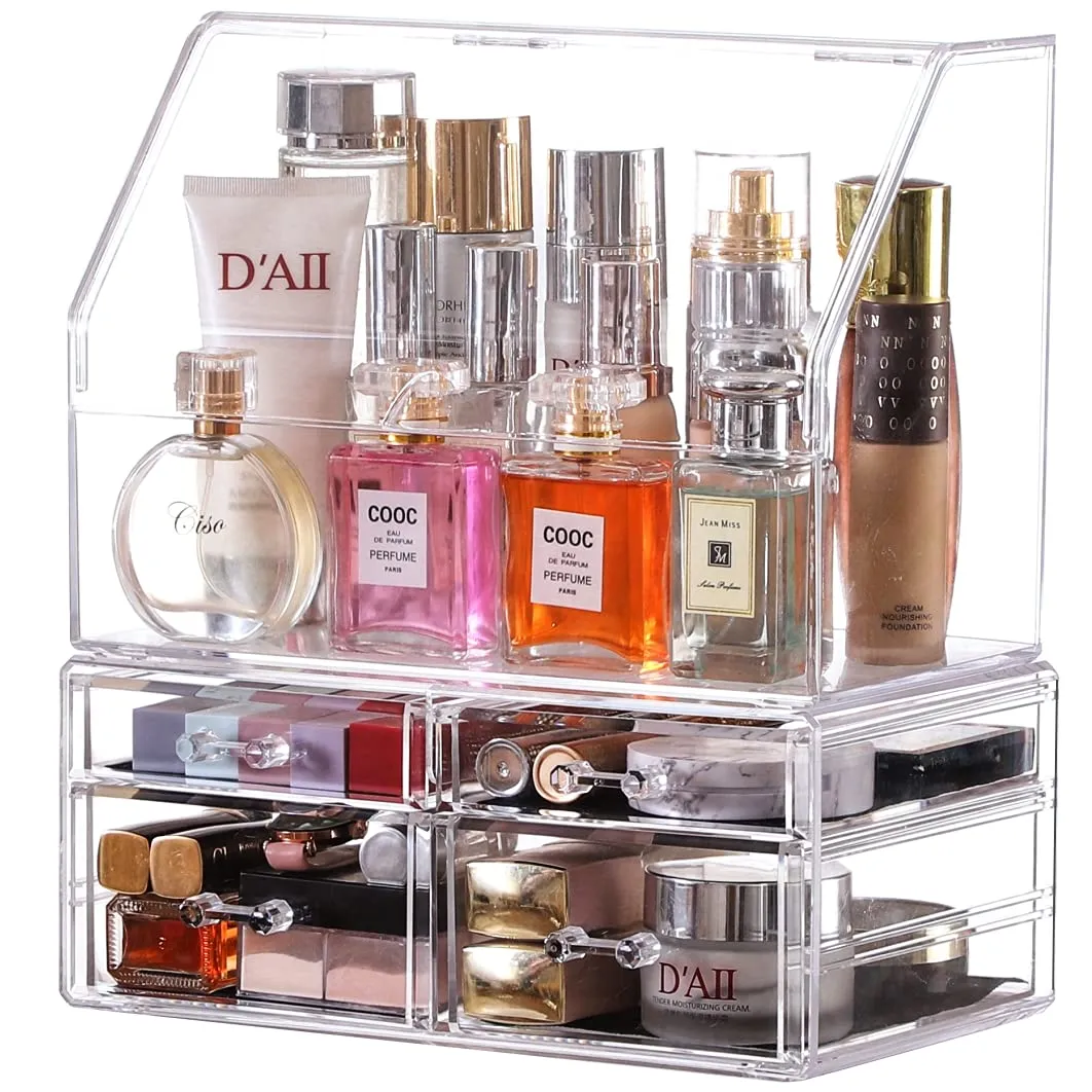 Celar Makeup Organizer With With Lid,Dustproof Waterproof Design Make up Organizer for Bathroom Countertop,4 Drawers Acrylic Skincare and Cosmetic Storage for Vanity Countertop,Dresser Top Organizer