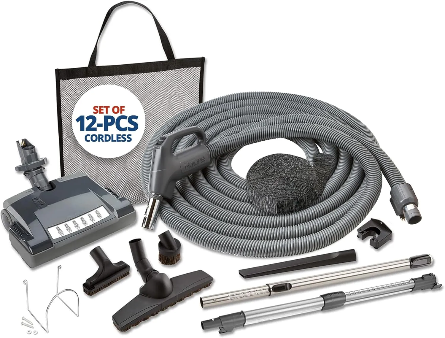 Central Vac Carpet & Bare Floor Electric Direct Connect Attachment Set for Cleaning Carpets, Hardwood Floors, Furniture & Draperies - 30FT Hose, Twist & Turn Brush, Electric Brush, Wands & Storage Bag