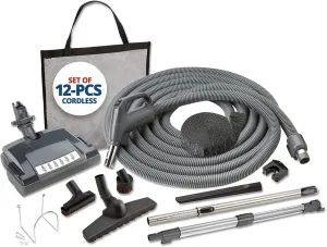 Central Vac Carpet & Bare Floor Electric Direct Connect Attachment Set for Cleaning Carpets, Hardwood Floors, Furniture & Draperies - 30FT Hose, Twist & Turn Brush, Electric Brush, Wands & Storage Bag
