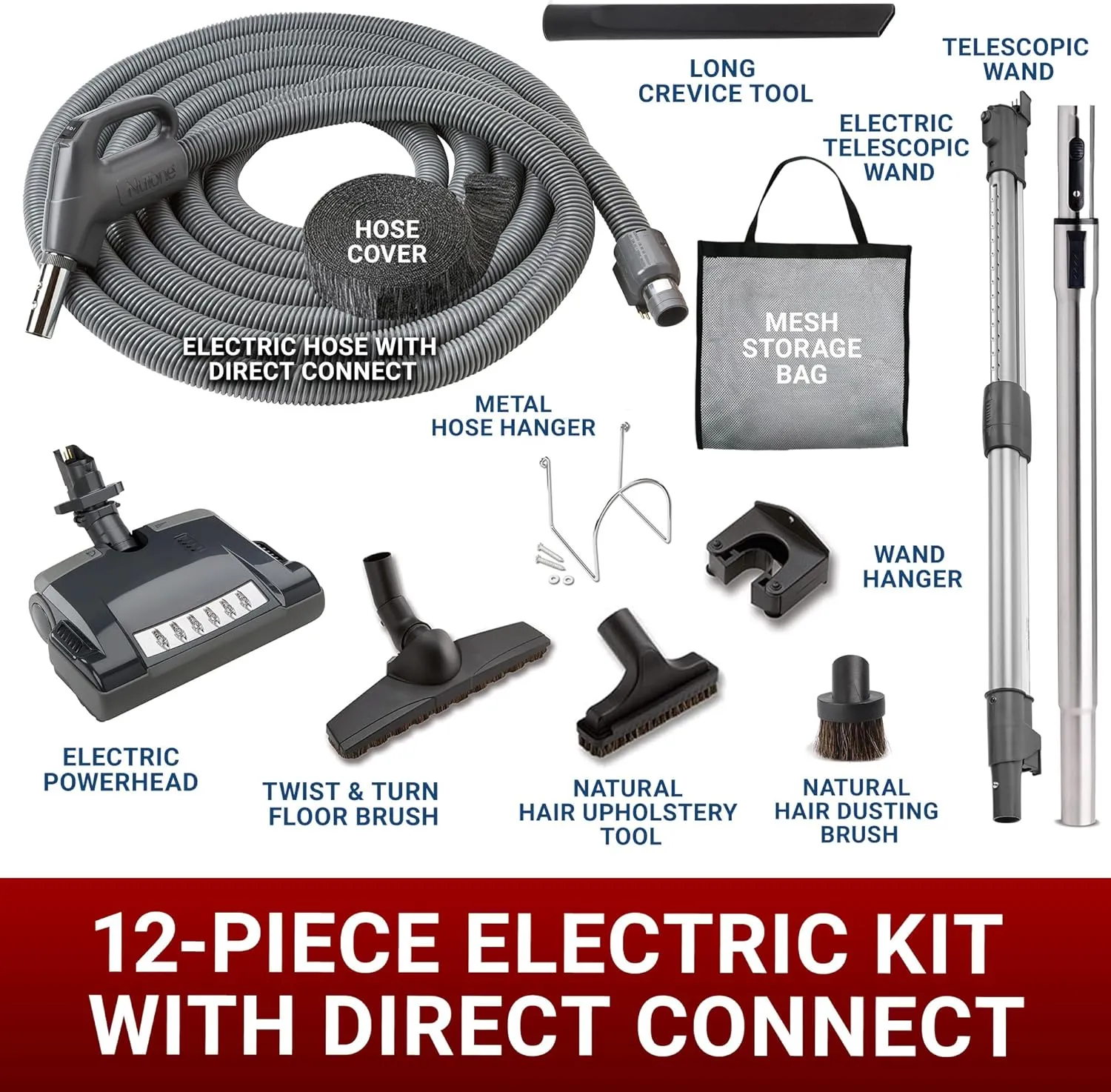 Central Vac Carpet & Bare Floor Electric Direct Connect Attachment Set for Cleaning Carpets, Hardwood Floors, Furniture & Draperies - 30FT Hose, Twist & Turn Brush, Electric Brush, Wands & Storage Bag