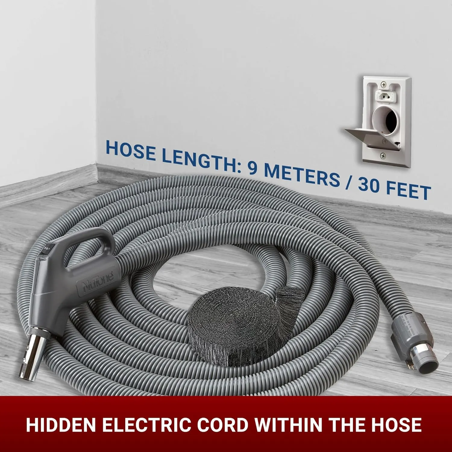 Central Vac Carpet & Bare Floor Electric Direct Connect Attachment Set for Cleaning Carpets, Hardwood Floors, Furniture & Draperies - 30FT Hose, Twist & Turn Brush, Electric Brush, Wands & Storage Bag