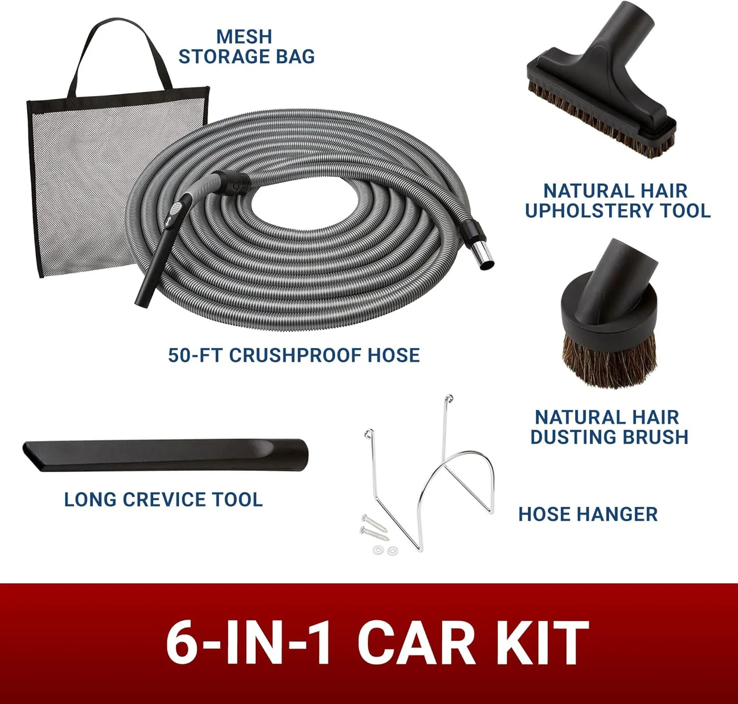 Central Vacuum System Car Care Attachment Set for Interior Car Cleaning. Includes 50FT Crushproof Hose, Natural Hair Dusting Brush, Long Crevice Tool, Mesh Storage Bag and More