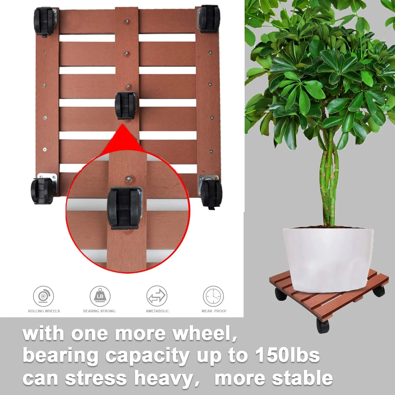 CERBIOR Plant Caddy Heavy Duty Plant Pot with Wheels Indoor Outdoor Strong and Sturdy Design, (14Inch Square, Merbau)